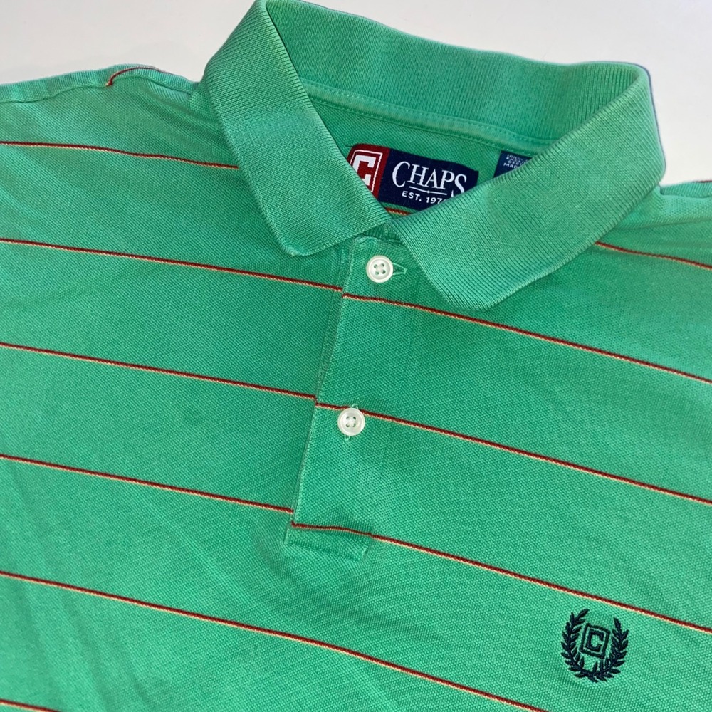 Chaps Mens Large Green Red Striped Short Sleeve Cotton Pique Polo Shirt